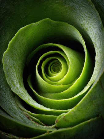 Close-up view of an agave plant revealing its beautifully layered green leaves in a captivating spiral pattern.の素材