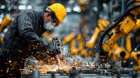 A worker in safety gear uses a power tool, generating sparks in a high-tech factory with robots.の素材