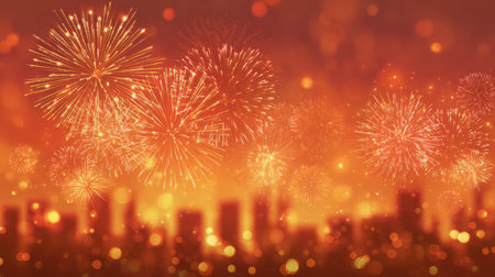 Fireworks light up the city skyline, adding excitement to a festive evening celebration.の素材
