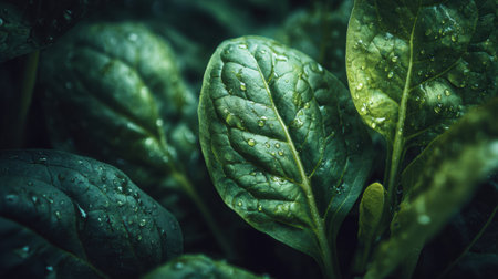 Fresh spinach leaves glisten with water droplets in a vibrant garden, showing natures resilience and beauty.の素材