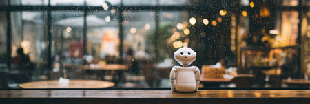 A small robot sits on a wooden ledge in a cafe as gentle rain falls outside, creating a peaceful scene.の素材