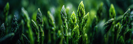 Asparagus shoots rise from rich soil, glistening with dew in a vibrant green garden during spring.の素材