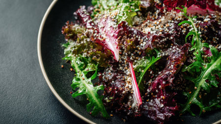A vibrant salad featuring a variety of leafy greens and seeds, served on a black plate. Suitable for healthy eating.の素材
