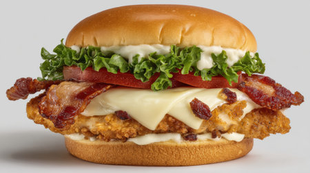 A tasty sandwich with crispy chicken, bacon, lettuce, tomato, and creamy sauce on a soft bun.の素材