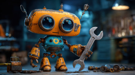 A small robot holding a large wrench is ready to fix machines in a busy workshop filled with tools and gadgets.の素材