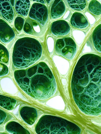 Close-up view of a vibrant green leaf showing its delicate vein structure and cell patterns under natural light.の素材