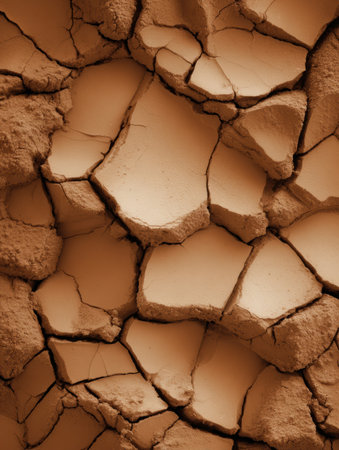 Droughts impact shows in dry, cracked soil, revealing a desolate landscape in natural hues.の素材