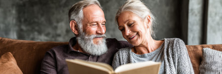 Couple smiles while reading a book together, creating a warm and joyful atmosphere in their home on a rainy day.の素材