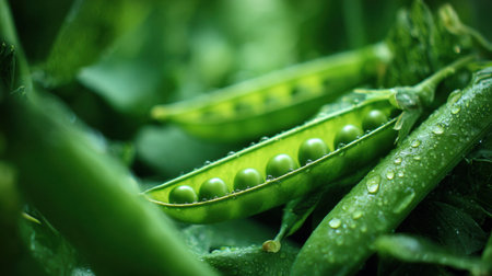 Green pea pods, both closed and open, show off the vibrant peas after a rain. Water droplets cover the surface.の素材