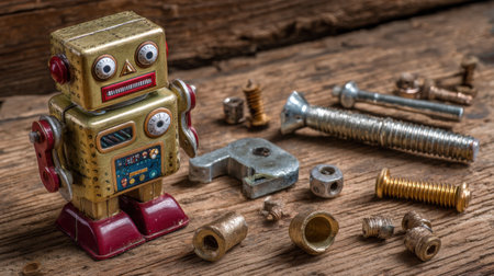 A vintage toy robot stands next to an assortment of metallic screws and small tools on an aged wooden table.の素材