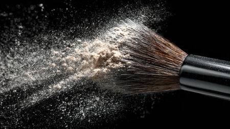 Brush sends powder flying against a dark background, showing the artistry of makeup application.の素材