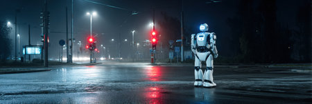 A rainy city street at night, with a robot waiting at a red light, shrouded in mystery under streetlights.の素材
