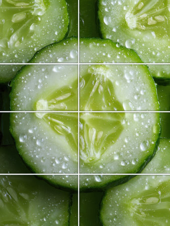 Juicy green cucumber slices are closely arranged, showcasing their fresh look and water droplets.の素材