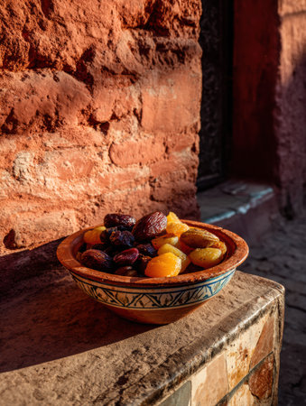 A bowl filled with various dried fruits sits on a stone surface, bathed in warm sunlight, beside a textured red wall.の素材