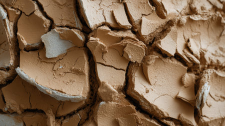 Close-up of dried soil with cracks and textures in warm beige, highlighting natural erosion and earth patterns.の素材
