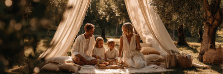 A family shares laughter at a sunset picnic under soft drapes in an olive grove.の素材
