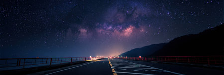 A peaceful road stretches towards a vibrant city skyline beneath a stunning starry sky and the Milky Way.の素材