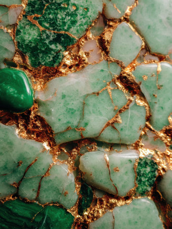 Close-up view reveals stunning green gemstones interspersed with shimmering golden veins in intricate detail.の素材
