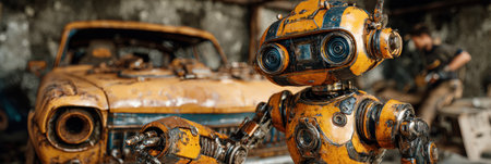 Robot stands near a rusty classic car in a deserted scrapyard, showing a unique mechanical design and bright colors.の素材