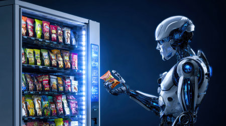 A robot stands beside a vending machine, selecting a snack in a modern, tech-driven environment.の素材