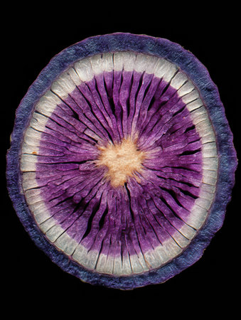 Half of a purple radish shows rings of purple, white, and blue with radial lines on a black background.の素材