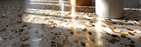 Sunlight fills a modern space, showcasing the terrazzo floors patterns and minimalist furniture.の素材