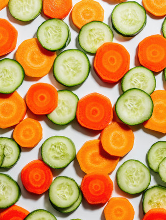 Orange carrot and green cucumber slices alternate on white.の素材