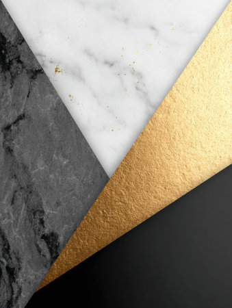 A stylish composition showcasing a triangle arrangement of white marble, black stone, and shimmering gold leaf textures.の素材