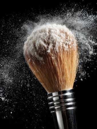 Makeup brush with soft bristles sends a cloud of powder into the air, highlighting its elegant design and texture.の素材