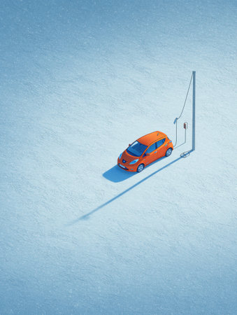 An orange electric vehicle sits alone in a snowy field by a charging station, contrasting with the white landscape.の素材