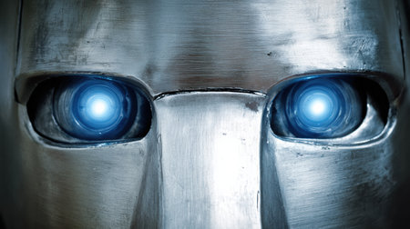 A close view of a robots face features glowing blue eyes and shiny metallic details, emphasizing its advanced design.の素材