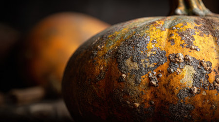 Two pumpkins sit closely, showing signs of decay and unique textural details on their surface.の素材