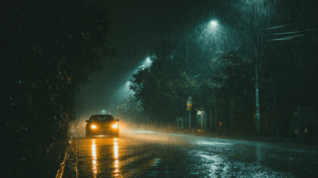 A car drives on the street during a dark, rainy night.の素材