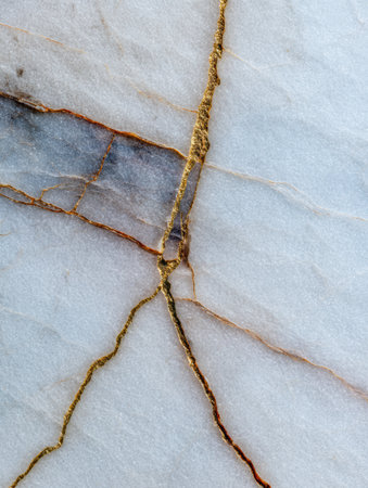 Close-up view of a marble surface featuring detailed textures with golden veins set against a light, elegant background.の素材