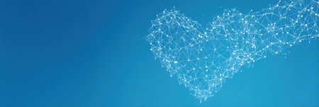 Abstract digital heart is created from connected white dots and lines against a solid blue backdrop.の素材