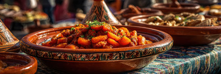 Traditional Moroccan stew featuring grains and vegetables prepared at a lively market during the day.の素材
