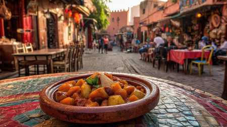 A tagine with vegetables rests on a vibrant table in a lively Moroccan market at sunset.の素材