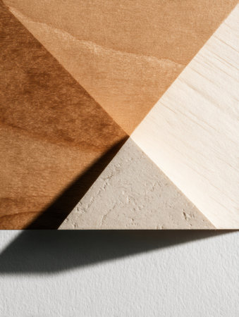 Close-up of wood and concrete surfaces showing a geometric design with varied textures and natural tones.の素材