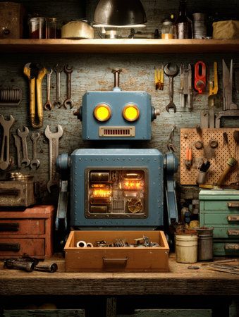 A vintage robot with glowing eyes stands on a workbench filled with various tools and spare parts in a cozy workshop.の素材