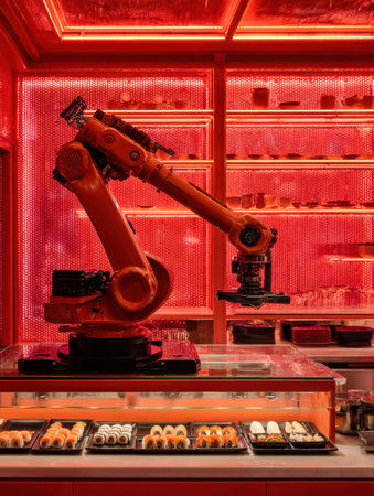Orange industrial robot arm prepares a variety of sushi rolls in a red-lit restaurant setting.の素材