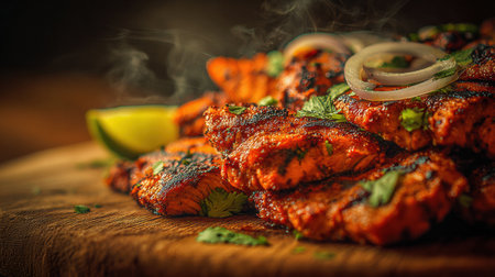 Grilled chicken pieces on a wooden board, topped with cilantro, onion slices, and lime wedges.の素材