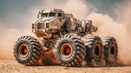 A colossal all-terrain vehicle navigates a dusty area, sending clouds of sand into the air under the clear sky.の素材