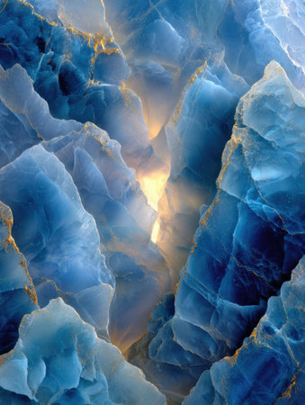 Blue mineral structures glow softly, revealing layered formations that create an otherworldly atmosphere in nature.の素材