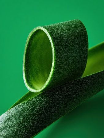 Freshly sliced green vegetable showing its smooth inner surface against a vivid green backdrop in a minimalist style.の素材
