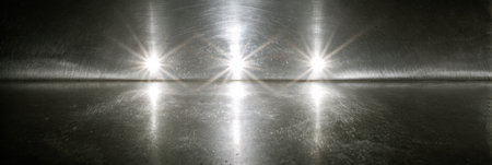Bright lights illuminate a metallic surface, casting reflections that create interesting patterns in a dark environment.の素材