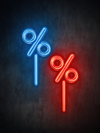 Neon signs display blue and red percentage symbols shining on a dark surface, creating a striking visual effect.の素材