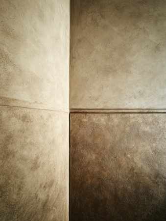 Interior wall corner showcases paneling and textured paint in brown and cream tones. Light and shadow create dimension.の素材