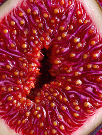 A close-up of a sliced fig reveals its rich red flesh, tiny seeds, and unique beauty.の素材