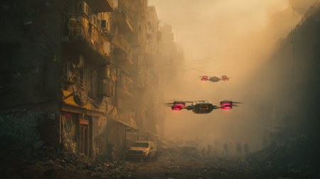 Drones fly over a ruined urban street.の素材