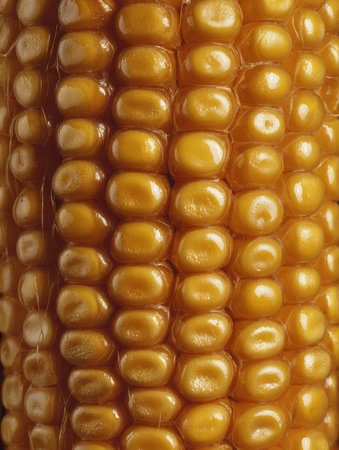 Fresh corn kernels display a bright yellow color and glossy texture, emphasizing their freshness and quality.の素材